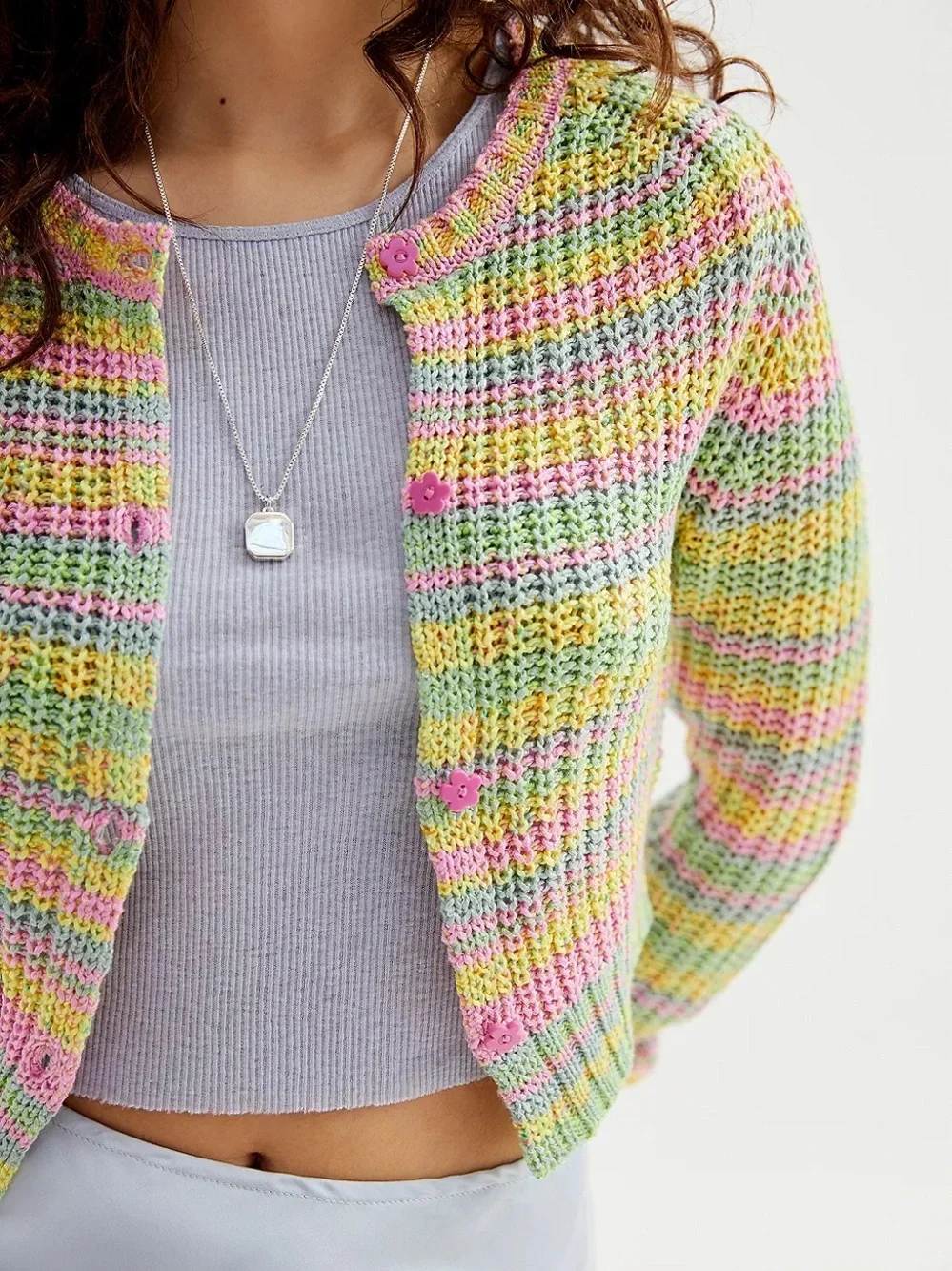 Urban Outfitters Striped Pastel Mini Cardigan Flower Buttons Small